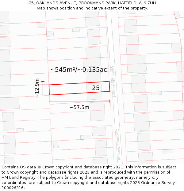 25, OAKLANDS AVENUE, BROOKMANS PARK, HATFIELD, AL9 7UH: Plot and title map