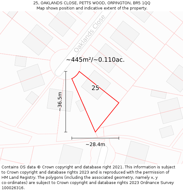 25, OAKLANDS CLOSE, PETTS WOOD, ORPINGTON, BR5 1QQ: Plot and title map
