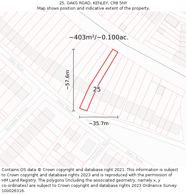 25, OAKS ROAD, KENLEY, CR8 5NY: Plot and title map