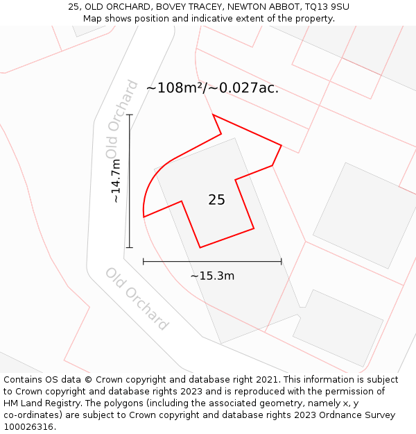 25, OLD ORCHARD, BOVEY TRACEY, NEWTON ABBOT, TQ13 9SU: Plot and title map