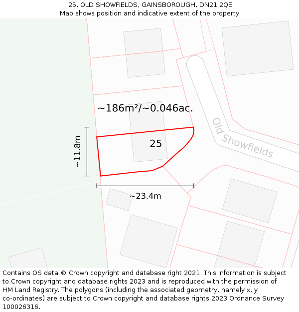 25, OLD SHOWFIELDS, GAINSBOROUGH, DN21 2QE: Plot and title map