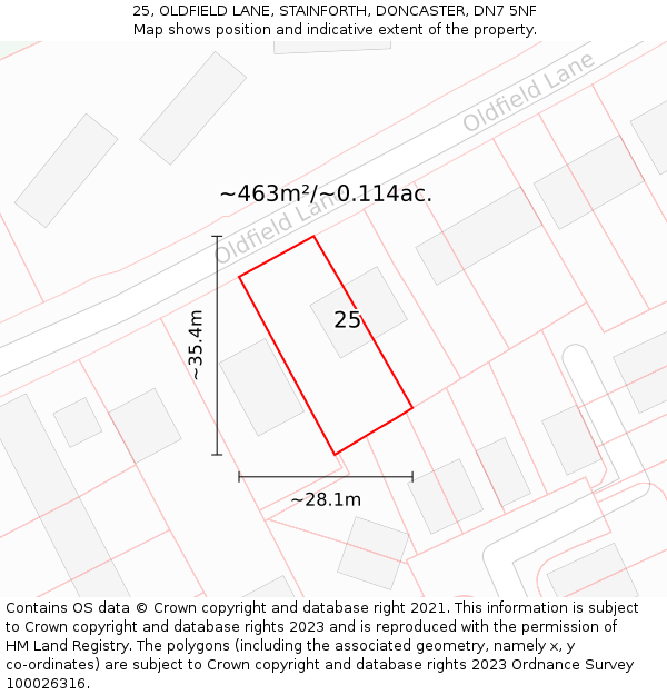 25, OLDFIELD LANE, STAINFORTH, DONCASTER, DN7 5NF: Plot and title map
