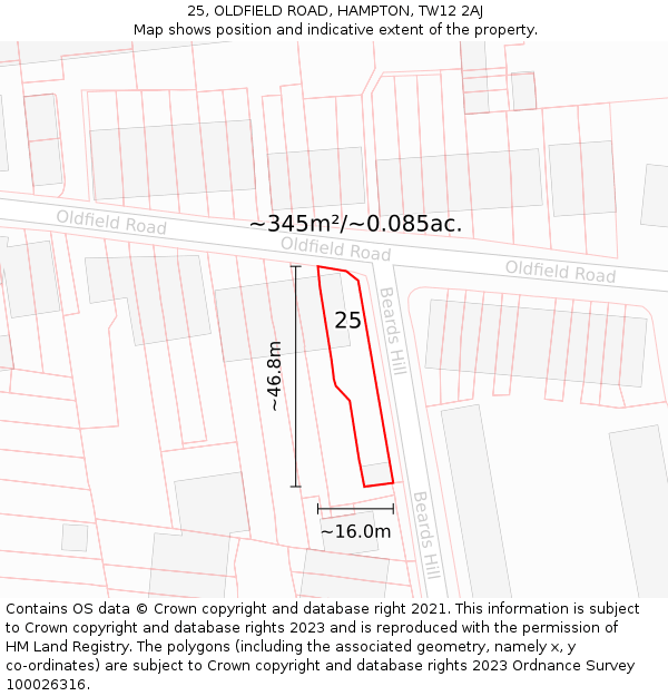 25, OLDFIELD ROAD, HAMPTON, TW12 2AJ: Plot and title map