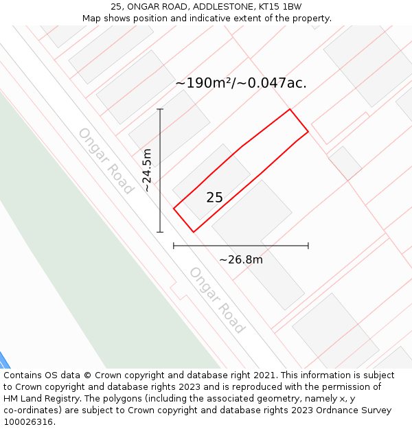 25, ONGAR ROAD, ADDLESTONE, KT15 1BW: Plot and title map