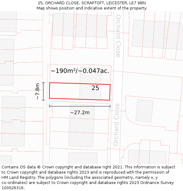 25, ORCHARD CLOSE, SCRAPTOFT, LEICESTER, LE7 9BN: Plot and title map