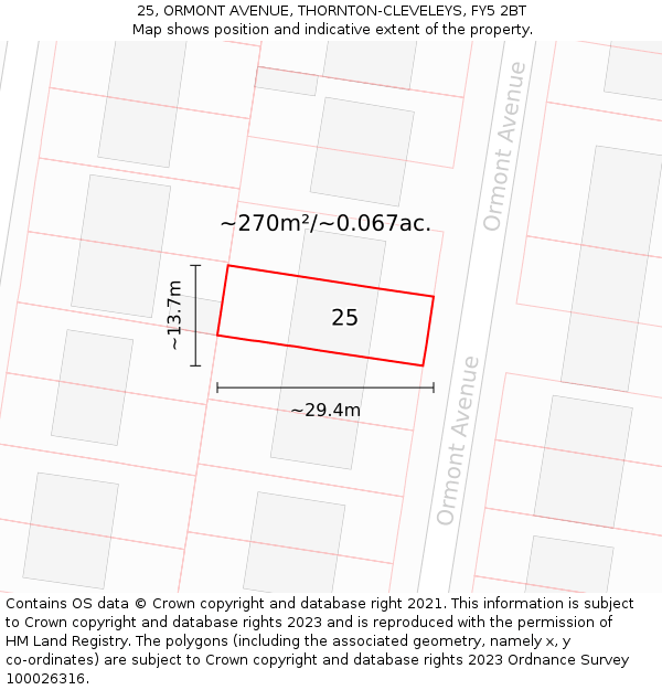 25, ORMONT AVENUE, THORNTON-CLEVELEYS, FY5 2BT: Plot and title map