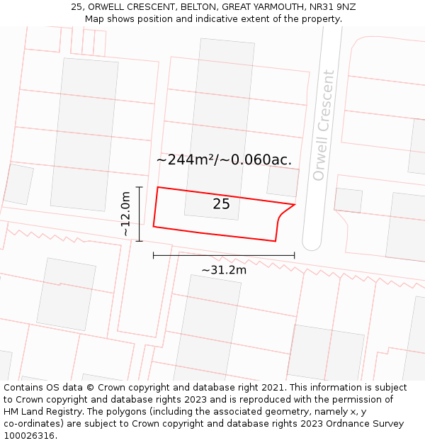 25, ORWELL CRESCENT, BELTON, GREAT YARMOUTH, NR31 9NZ: Plot and title map