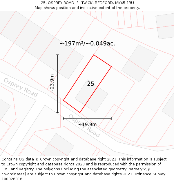 25, OSPREY ROAD, FLITWICK, BEDFORD, MK45 1RU: Plot and title map