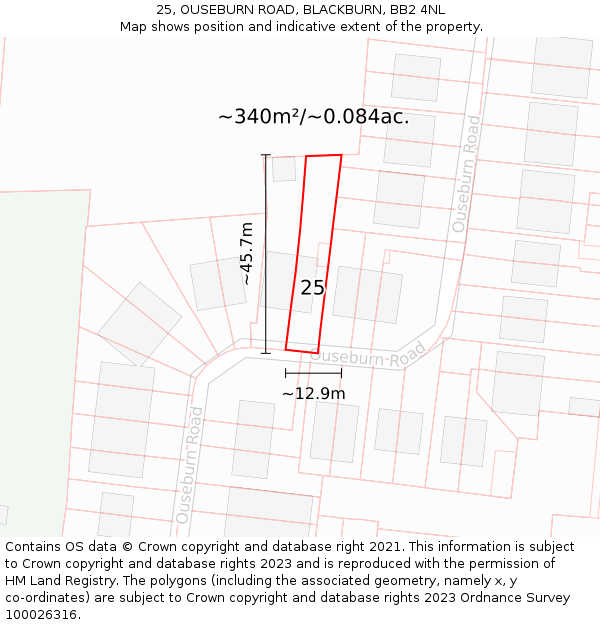 25, OUSEBURN ROAD, BLACKBURN, BB2 4NL: Plot and title map