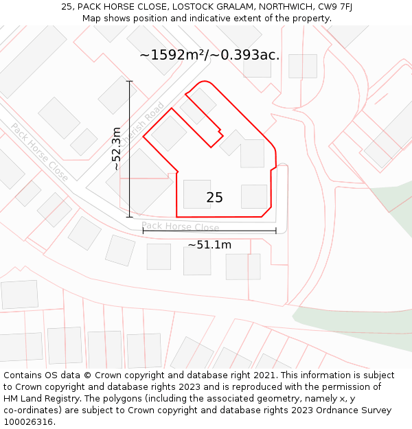 25, PACK HORSE CLOSE, LOSTOCK GRALAM, NORTHWICH, CW9 7FJ: Plot and title map