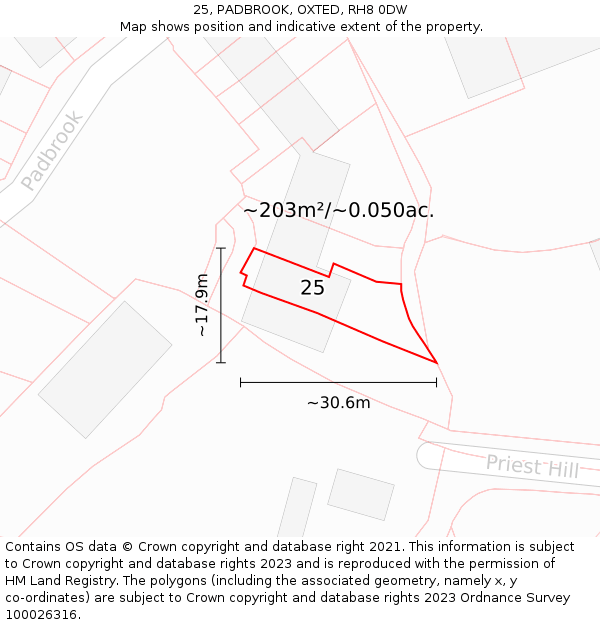 25, PADBROOK, OXTED, RH8 0DW: Plot and title map
