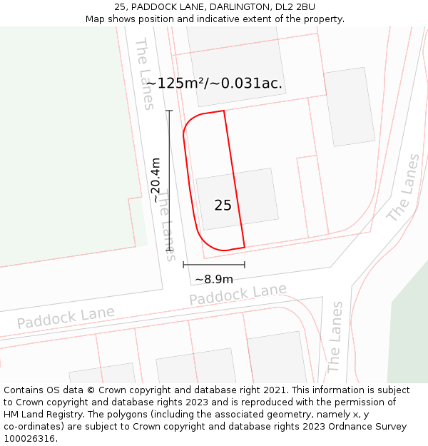25, PADDOCK LANE, DARLINGTON, DL2 2BU: Plot and title map
