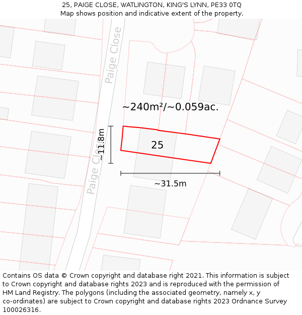 25, PAIGE CLOSE, WATLINGTON, KING'S LYNN, PE33 0TQ: Plot and title map