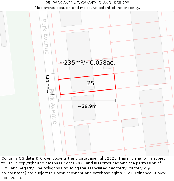 25, PARK AVENUE, CANVEY ISLAND, SS8 7PY: Plot and title map