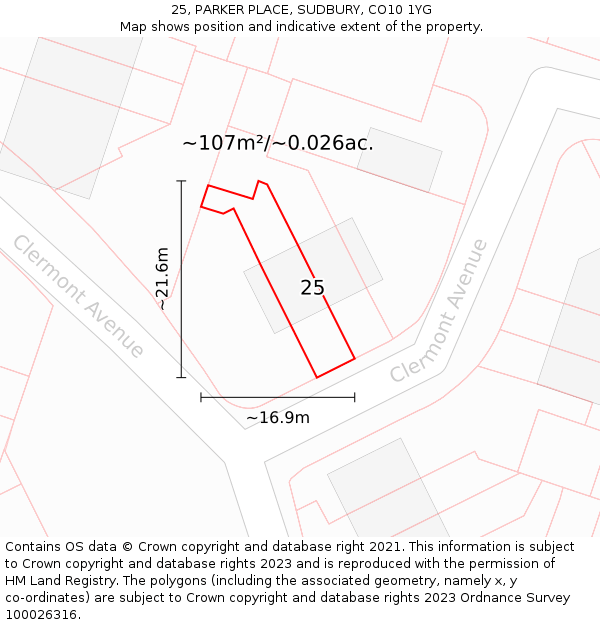 25, PARKER PLACE, SUDBURY, CO10 1YG: Plot and title map