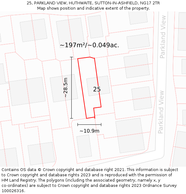 25, PARKLAND VIEW, HUTHWAITE, SUTTON-IN-ASHFIELD, NG17 2TR: Plot and title map