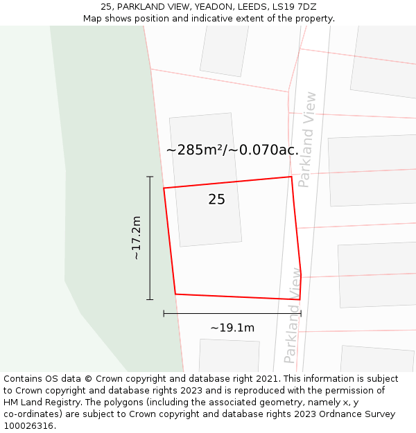 25, PARKLAND VIEW, YEADON, LEEDS, LS19 7DZ: Plot and title map