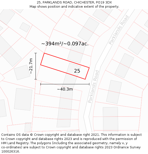 25, PARKLANDS ROAD, CHICHESTER, PO19 3DX: Plot and title map