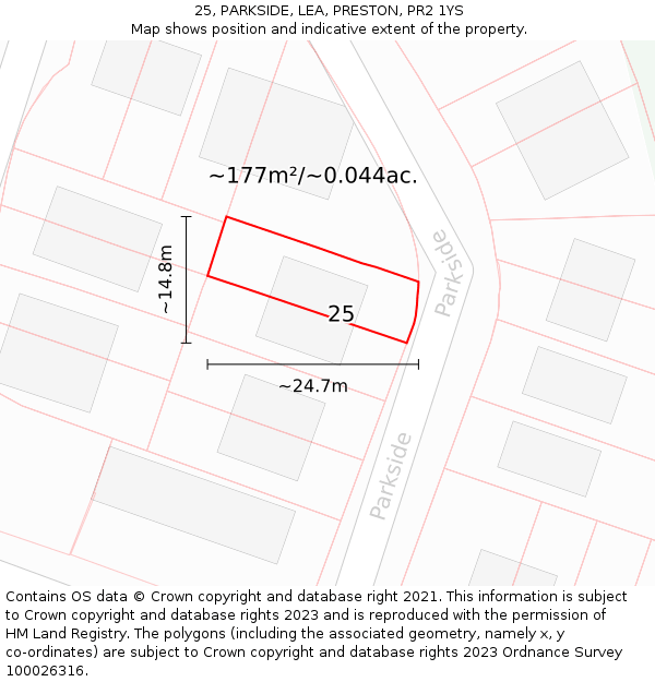 25, PARKSIDE, LEA, PRESTON, PR2 1YS: Plot and title map