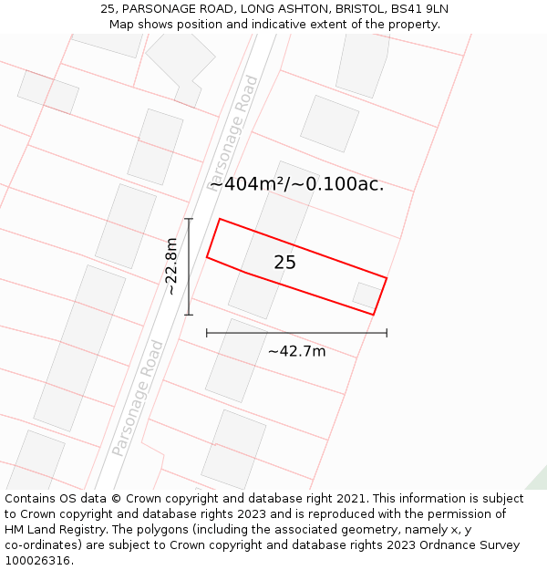 25, PARSONAGE ROAD, LONG ASHTON, BRISTOL, BS41 9LN: Plot and title map
