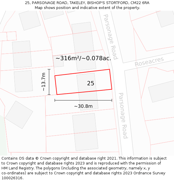 25, PARSONAGE ROAD, TAKELEY, BISHOP'S STORTFORD, CM22 6RA: Plot and title map