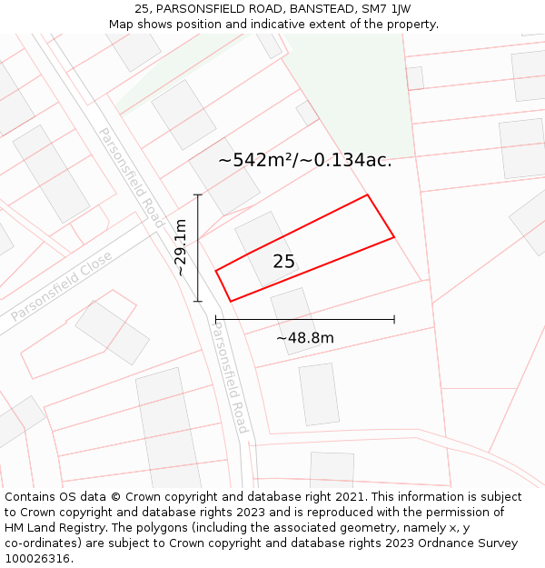 25, PARSONSFIELD ROAD, BANSTEAD, SM7 1JW: Plot and title map