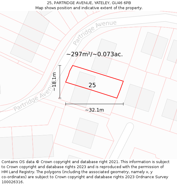 25, PARTRIDGE AVENUE, YATELEY, GU46 6PB: Plot and title map