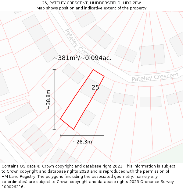 25, PATELEY CRESCENT, HUDDERSFIELD, HD2 2PW: Plot and title map