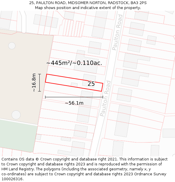 25, PAULTON ROAD, MIDSOMER NORTON, RADSTOCK, BA3 2PS: Plot and title map