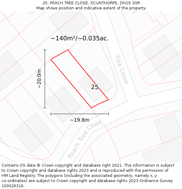 25, PEACH TREE CLOSE, SCUNTHORPE, DN16 3GR: Plot and title map