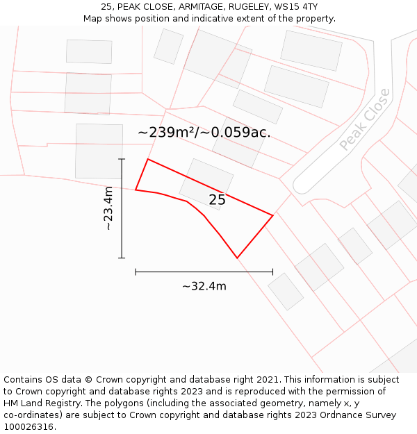 25, PEAK CLOSE, ARMITAGE, RUGELEY, WS15 4TY: Plot and title map
