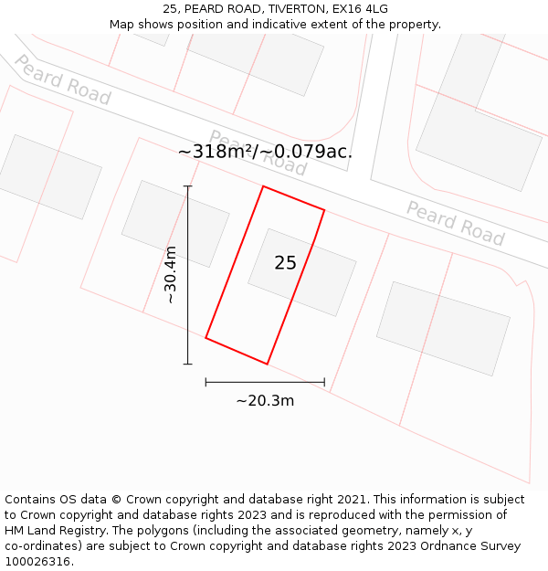 25, PEARD ROAD, TIVERTON, EX16 4LG: Plot and title map
