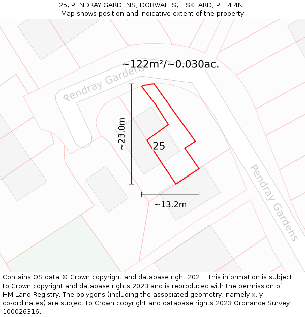 25, PENDRAY GARDENS, DOBWALLS, LISKEARD, PL14 4NT: Plot and title map