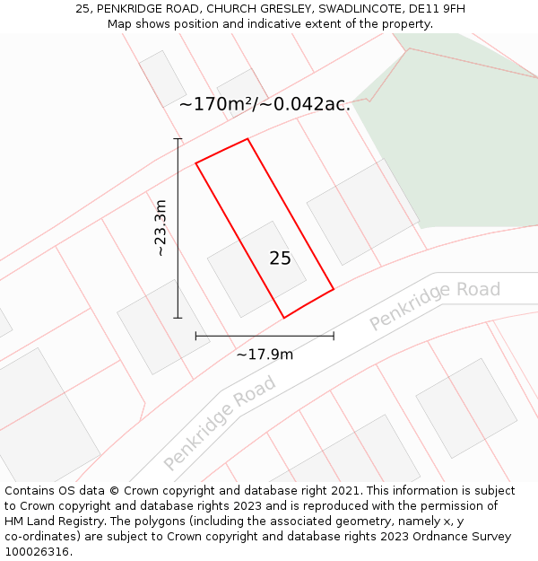 25, PENKRIDGE ROAD, CHURCH GRESLEY, SWADLINCOTE, DE11 9FH: Plot and title map