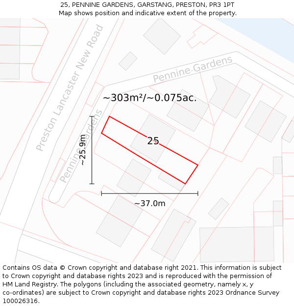 25, PENNINE GARDENS, GARSTANG, PRESTON, PR3 1PT: Plot and title map