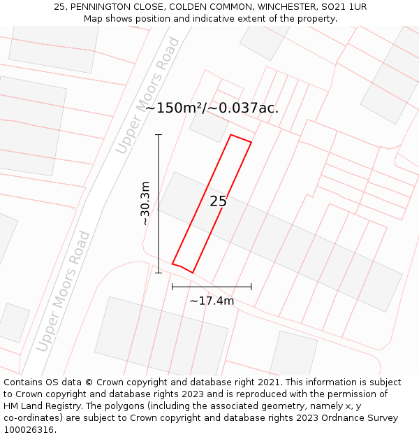25, PENNINGTON CLOSE, COLDEN COMMON, WINCHESTER, SO21 1UR: Plot and title map
