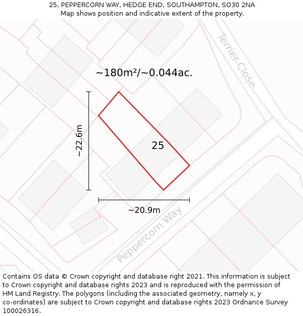 25, PEPPERCORN WAY, HEDGE END, SOUTHAMPTON, SO30 2NA: Plot and title map