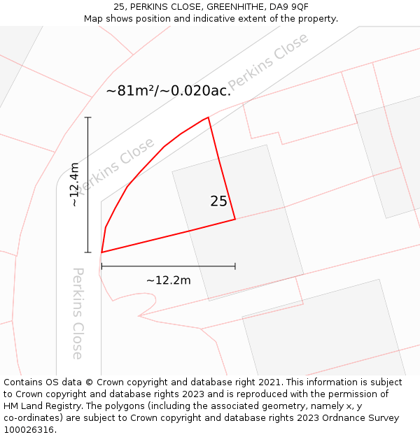 25, PERKINS CLOSE, GREENHITHE, DA9 9QF: Plot and title map