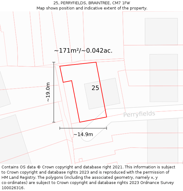 25, PERRYFIELDS, BRAINTREE, CM7 1FW: Plot and title map