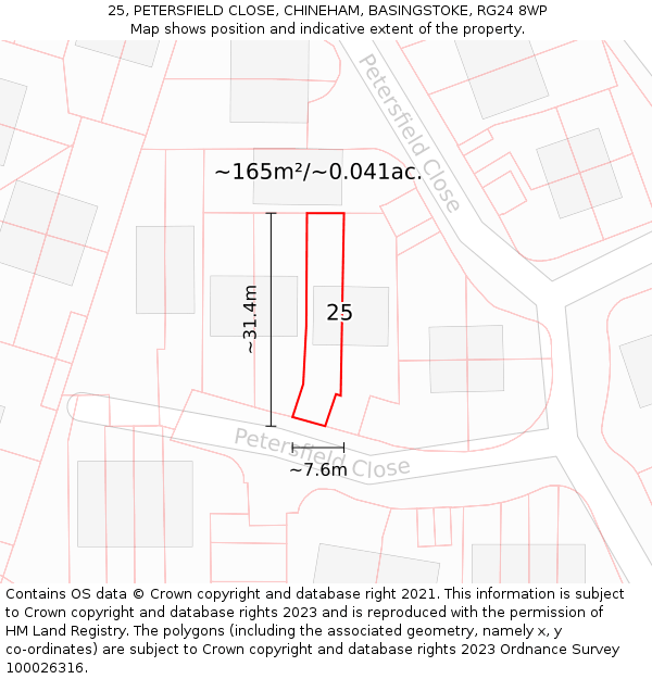 25, PETERSFIELD CLOSE, CHINEHAM, BASINGSTOKE, RG24 8WP: Plot and title map