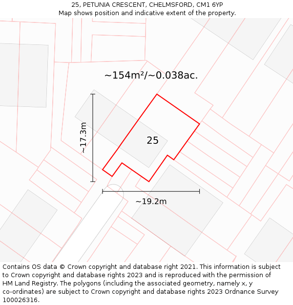 25, PETUNIA CRESCENT, CHELMSFORD, CM1 6YP: Plot and title map