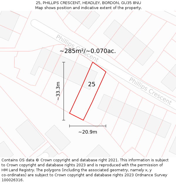 25, PHILLIPS CRESCENT, HEADLEY, BORDON, GU35 8NU: Plot and title map