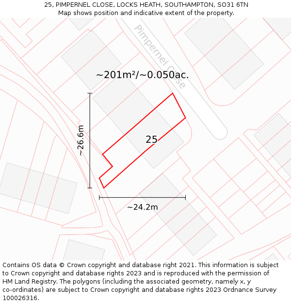 25, PIMPERNEL CLOSE, LOCKS HEATH, SOUTHAMPTON, SO31 6TN: Plot and title map