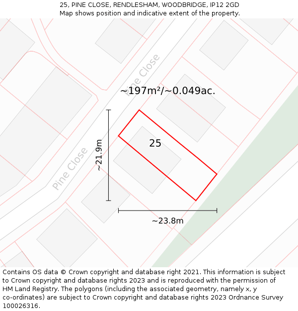 25, PINE CLOSE, RENDLESHAM, WOODBRIDGE, IP12 2GD: Plot and title map