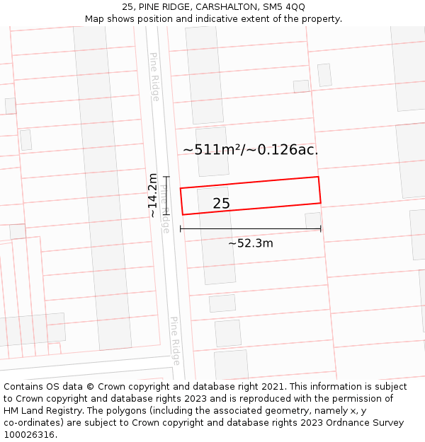 25, PINE RIDGE, CARSHALTON, SM5 4QQ: Plot and title map