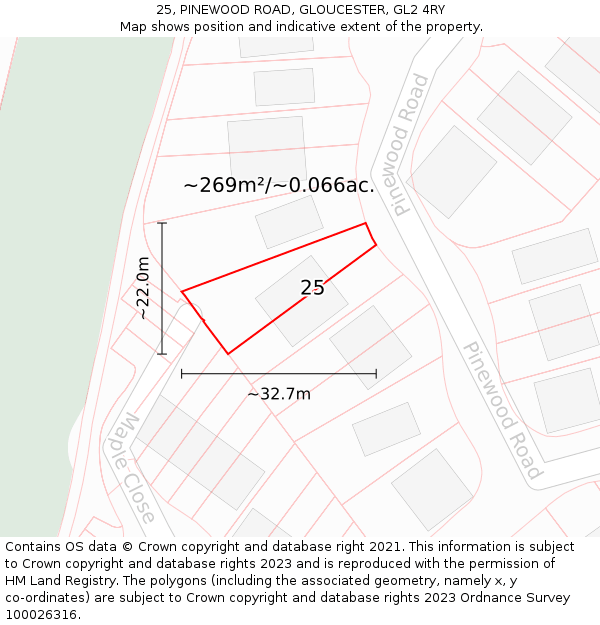 25, PINEWOOD ROAD, GLOUCESTER, GL2 4RY: Plot and title map