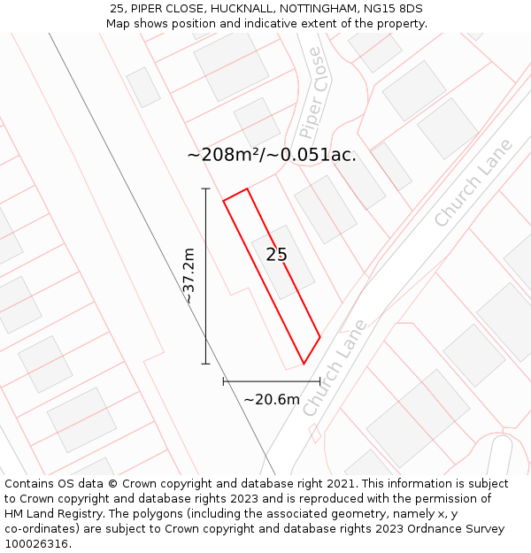 25, PIPER CLOSE, HUCKNALL, NOTTINGHAM, NG15 8DS: Plot and title map