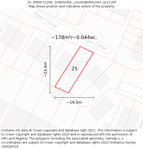 25, PIPER CLOSE, SHEPSHED, LOUGHBOROUGH, LE12 9TF: Plot and title map