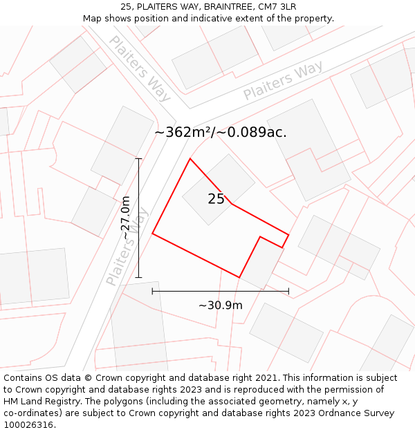 25, PLAITERS WAY, BRAINTREE, CM7 3LR: Plot and title map