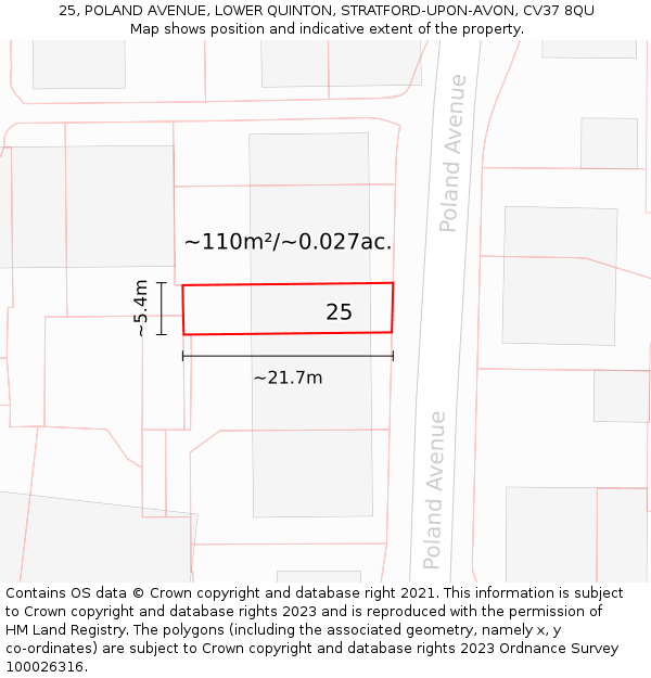 25, POLAND AVENUE, LOWER QUINTON, STRATFORD-UPON-AVON, CV37 8QU: Plot and title map